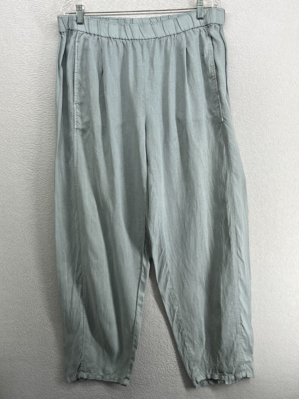 EILEEN FISHER Pants L Linen Barrel Slouchy Tapered Elastic Waist Pull On Blue